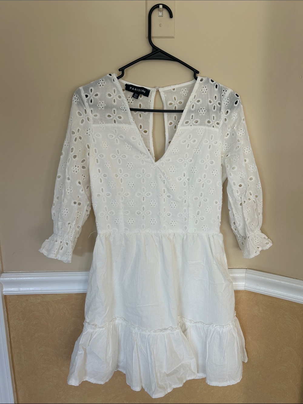 Parisian Works White Eyelet V-Neck Ruffle Hem Mini Dress